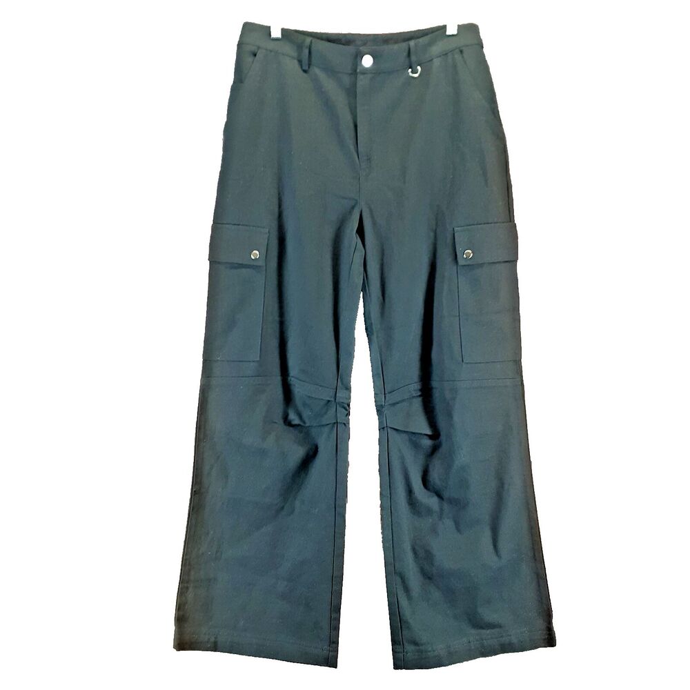 Princess Polly Women Sz 8 Black Flat Front Wide Leg Cargo Utility Pants Grunge